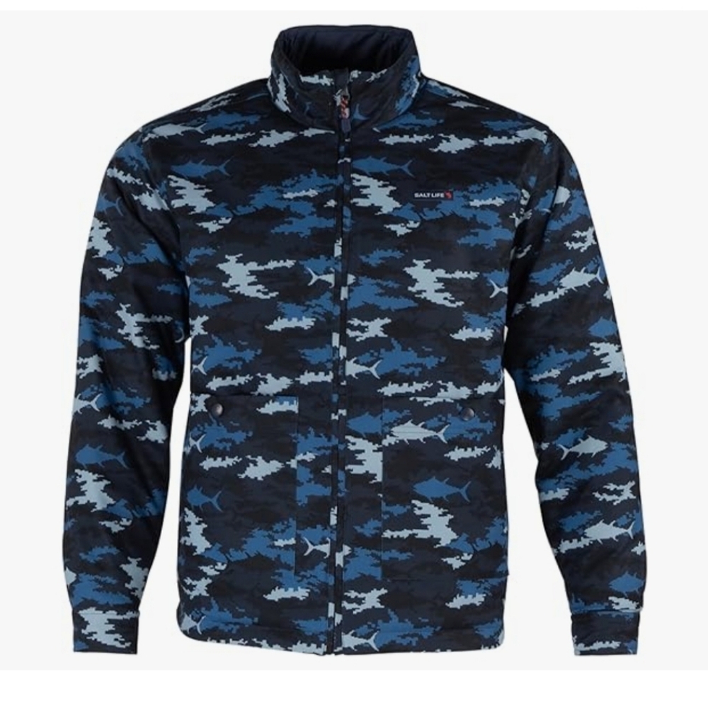 Salt Life Size S Navy Flannel Camo Collared Button Up Shark Design SPF Shirt‎